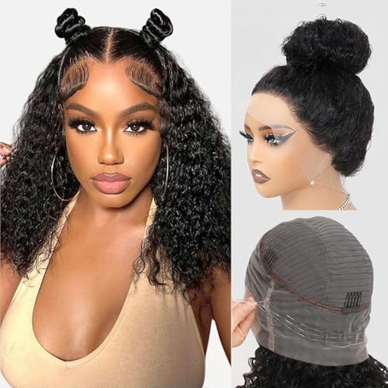 Hidden Strap 360 Deep Wave Lace Front Wigs Human Hair Curly Bob Wig with Drawstring For Black Women Human Hair 360 Glueless Bob Wig Full Lace Human Hair Wigs Pre Plucked Bleached Knots (16 Inch)