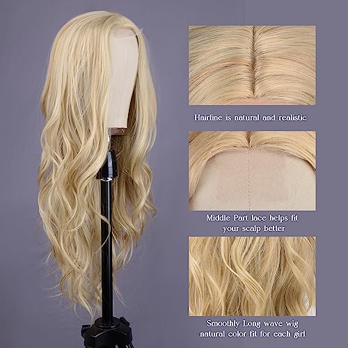 Mixed Blonde Long Wave Wig for Women -26inch Middle Part Long Curly Wig Heat Resistant Synthetic Hair Looking Natural, Fiber Wig for Daily Party Use