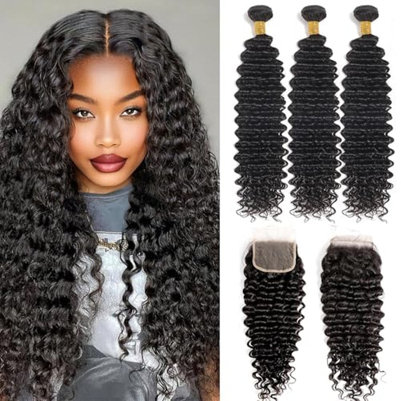 Deep Wave Bundles with Closure 16 18 20+14 Inch 4x4 HD Lace Closure, 13A Human Hair Bundles, Wet and Wavy 100% Brazilian Virgin Deep Curly 3 Bundles Human Hair Quick Weave Bundle for Women
