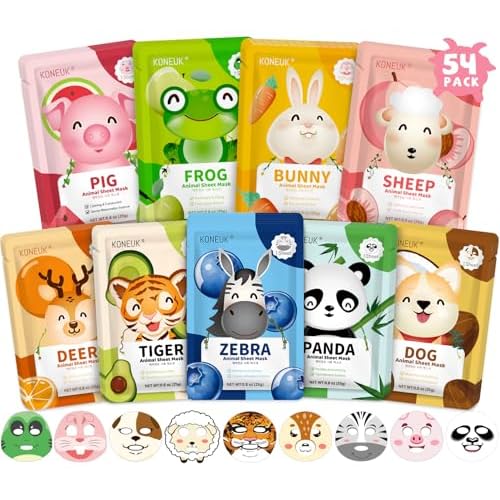 54 Pack Animal Kids Face Mask Spa, Bulk Collagen Hydrating Sheet Face Masks Skincare for Girls Teens, Christmas Gifts, Birthday Gifts, Stocking Stuffers for Women