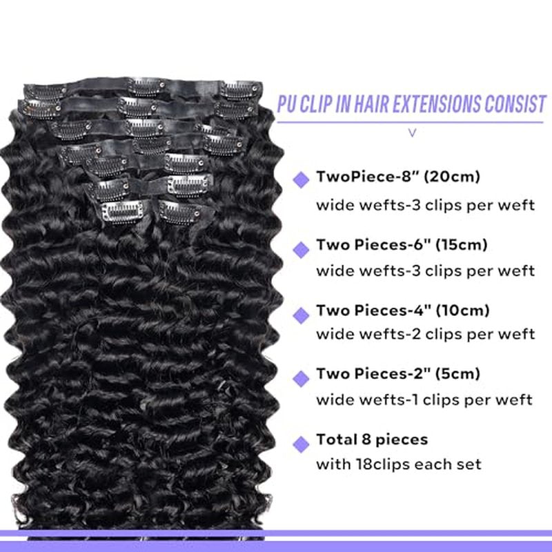 Seamless Clip in Hair Extensions Real Human Hair Deep Wave Brazilian Virgin Human Hair Clip in Extensions for Women 8Pcs PU Remy Hair Skin Weft with 18Clips 120g 22inch Natural Black