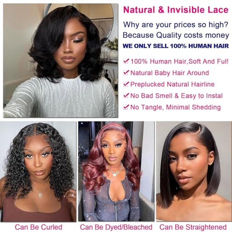 13X6 18inch 230%Density Natural Black Bob Wig Human Hair, Body Wave Wig Human Hair, Short Bob Lace Front Wigs Human Hair, Bob Wigs For Black Women, Pre Plucked With Baby Hair HD Transparent Lace
