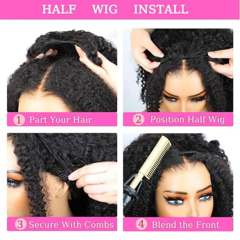 Half Wig Human Hair Afro Kinky Curly Wigs for Black Women 200 Density Glueless Wigs 100% Human Hair Ready to Go 3 In 1 Seamless Flip Over Drawstring Headband Wig for Women Clip in No Sew In 20 Inch