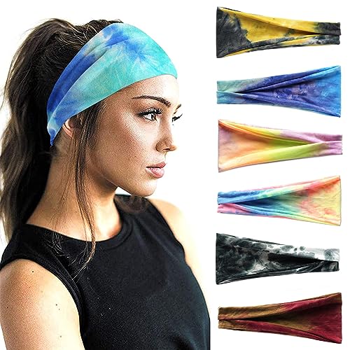 FULZTEY Headbands For Women Cute Tie Dye Hairband Fashion Boho Headwraps Stretchy Yoga Workout Sweat Band Soft Cotton Bandanas Wide Head Bands For Women's Hair Accessories Teenage Girls 6Pcs