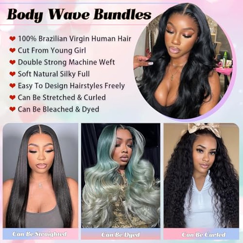 12A Body Wave Human Hair Bundles 14 16 18 Inch Quick 100% Unprocessed Brazilian Virgin Weave 3 Bundles Wavy Human Hair Extensions for Women