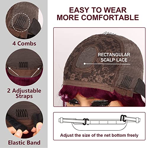 G&T Wig 99J Burgundy Straight Human Hair Lace Bob Wig With Bangs Realistic Look 2x1 HD Lace Glueless Wigs Blunt Cut 12 Inch Short Straight Human Hair Wigs for Black White Women