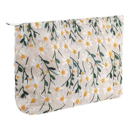 Cosmetic Bags Embroidery Daisy Flower Makeup Bag Large Travel Canvas Make Up Organizer Tool Pouch Cute Floral Cosmetic Bag Portable Purse Zipper Storage Toiletry Essential Pouch for Women Girls Gifts