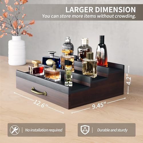 Cologne Organizer for Men,Wooden Perfume Organizer with Hidden Compartment and Drawer,Cologne Stand and Storage Display Risers for Dresser,Great Gift for Men/Friend£¨DarkBrown£©