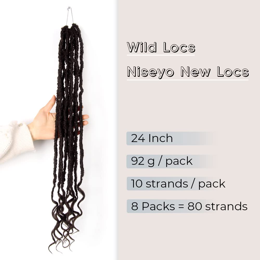 Niseyo Wild Locs 24 Inch Distressed New Faux Locs with Curly Ends 8 Packs Long Soft Pre-looped Goddess Crochet Hair (4#, Brown)