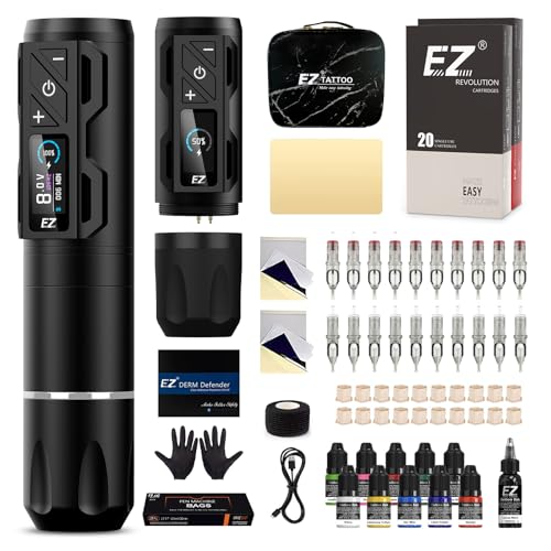 EZ Tattoo Kit - Tattoo Gun Kit with Wireless Tattoo Machine Pen, 1800mAh Power Supply Battery, 20Pcs Tattoo Cartridge Needles for Tattoo Beginners and Artists (P2S Pro Black)