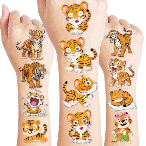 96PCS Tiger Temporary Tattoos Themed Wild Safari Jungle Zoo Animal Birthday Party Decorations Favors Supplies Cute Tattoo Stickers Gifts For Kids Boys Girls School Prizes Rewards Carnival Christmas