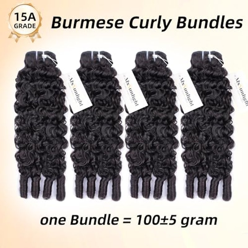 MsSunlight Burmese Curly Bundles Human Hair 100% Unprocessed Quick Weave 15A Water Wave with Spiral Curly End Real Human Hair Extensions Natural Black 26 Inch