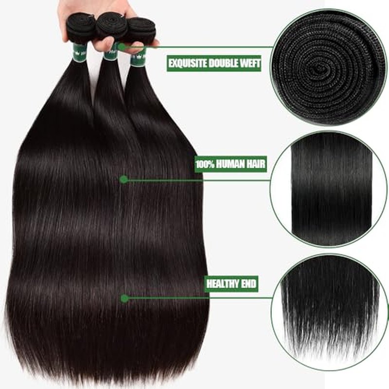 Human Hair Bundles with Closure Straight Bundles 20 22 24+18 Inch 10A HD Lace Closure Human Hair 100% Brazilian Virgin Hair Extensions 3 Bundles Deals Hair Quick Weave Bundle for Women