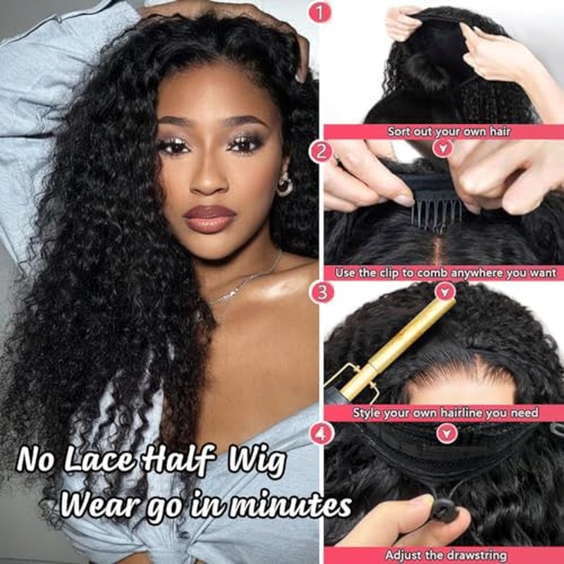 XSY Curly Half Wig Human Hair 180% Density 3 In 1 Deep Wave Half Wig for Black Women Wear Go Glueless Half Curly Wig 22 Inch Headband Wig Beginner Friendly