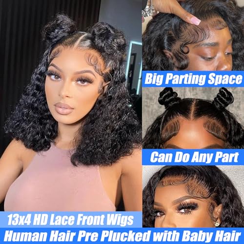 13x4 HD Lace Front Bob Wigs Human Hair Deep Wave Pre Plucked Short Curly Bob Wig Human Hair Transparent Lace Frontal Wigs for Black Women Natural Black 12 Inch