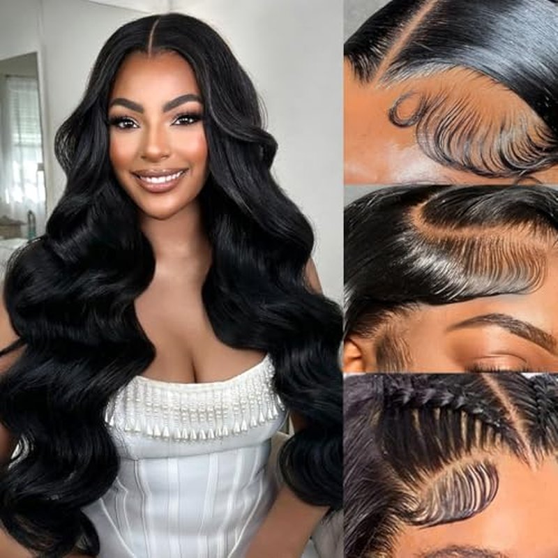 14" 13x4 Glueless Wigs Human Hair Pre Plucked Pre Cut with Baby Hair, 210% Density 12A Brazilian Body Wave Lace Front Wigs Human Hair, Natural Black HD Transparent Wear and Go Wigs for Black Women