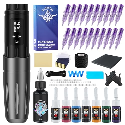 Beginners Wireless Tattoo Gun Kit - Professional 1,600 mAh Rotary Tattoo Pen Set, Complete Tattoo Machine Kits with 20Pcs Cartridge Needles for Beginner Artists Tattoo Supplies