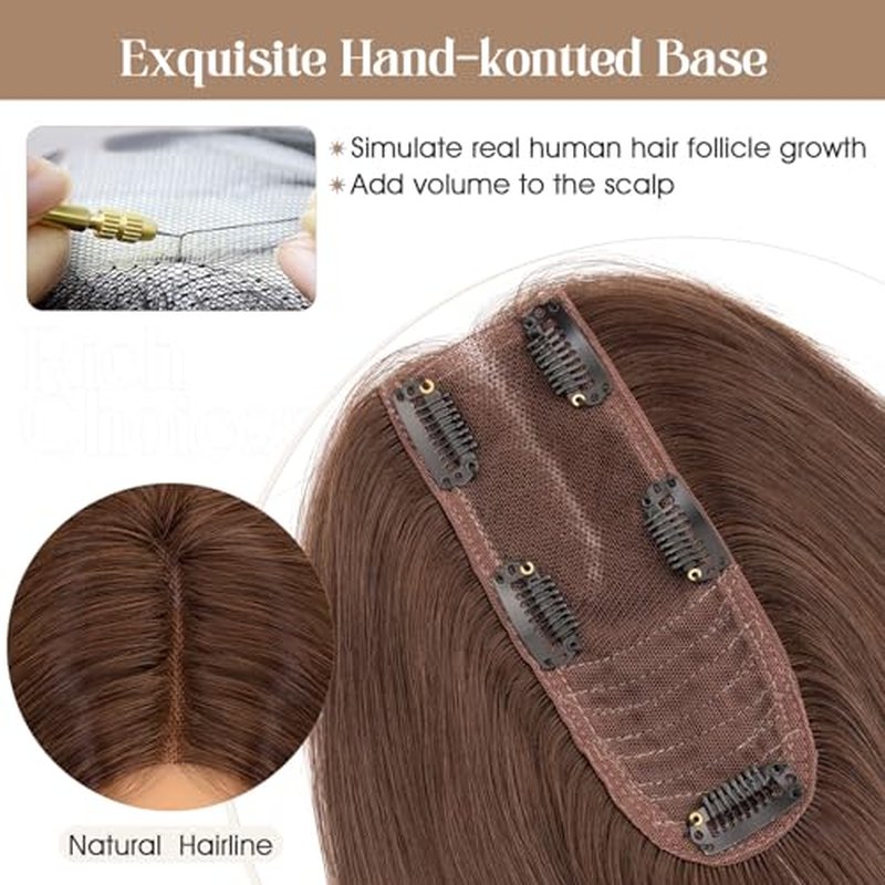 Rich Choices Hair Toppers for Women Real Human Hair 100% Human Remy Toppers for Women with Thinning Clip in NO Bangs Upgrade Extended 2"*6"Lace Base 150% Density 12 Inch #2 Dark Brown