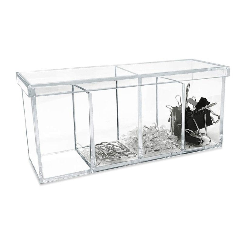 Isaac Jacobs 2-Pack 4-Compartment Clear Acrylic Organizers with Lid (9” L x 3” W x 4” H), Makeup Brush Holder, Sectional Tray, Storage Solution for Makeup, Crafts, Office Supplies & More (2, Clear)