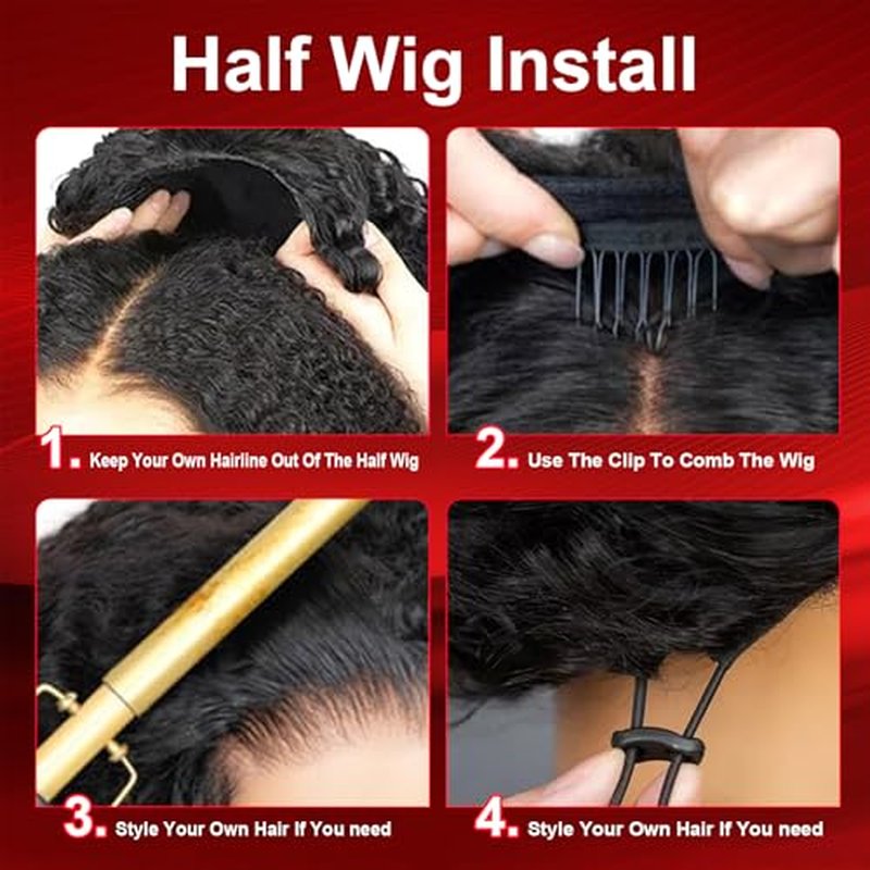 Kinky Curly Half Wig Human Hair 200% Density 3 In 1 Curly Half Wig Seamless Drawstring Curly Human Hair Wig Wear Go Glueless Wigs Human Hair Beginner Friendly (Kinky Curly Nautal Color, 18 Inch)