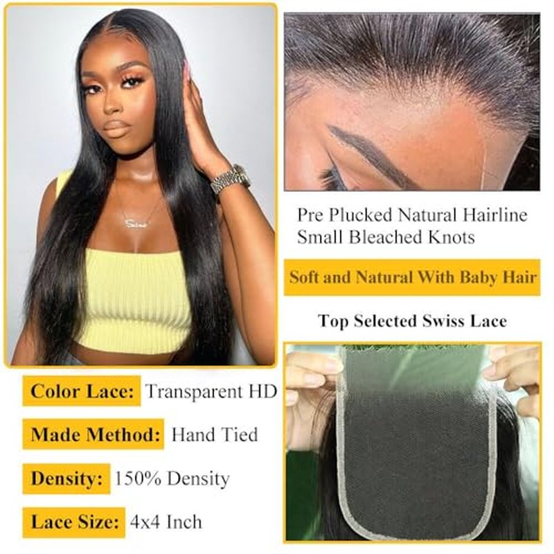 QTHAIR 16A Grade Straight Human Hair Bundles with HD Lace Closure(14" 14" 16"+12"Free Part Lace Closure,Natural Black) 100% Unprocessed Brazilian Virgin Hair Extensions