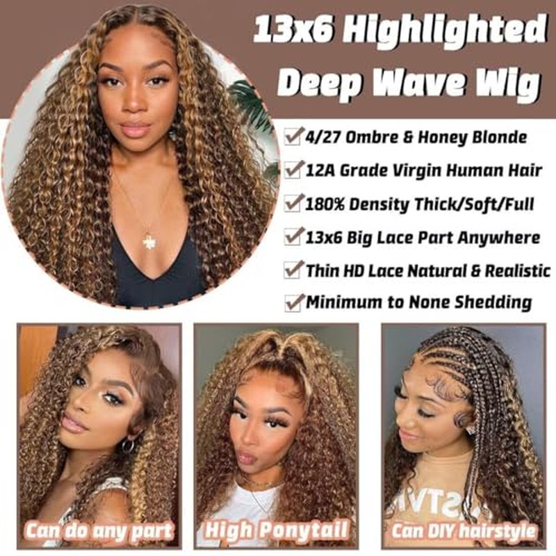 Ombre Highlight Deep Wave Lace Front Wigs Human Hair 4/27 Colored Pre Plucked 13x6 HD Transparent Lace Frontal Wigs Honey Blonde Curly Wig for Women 180% Density Glueless Wig with Baby Hair 26 Inch