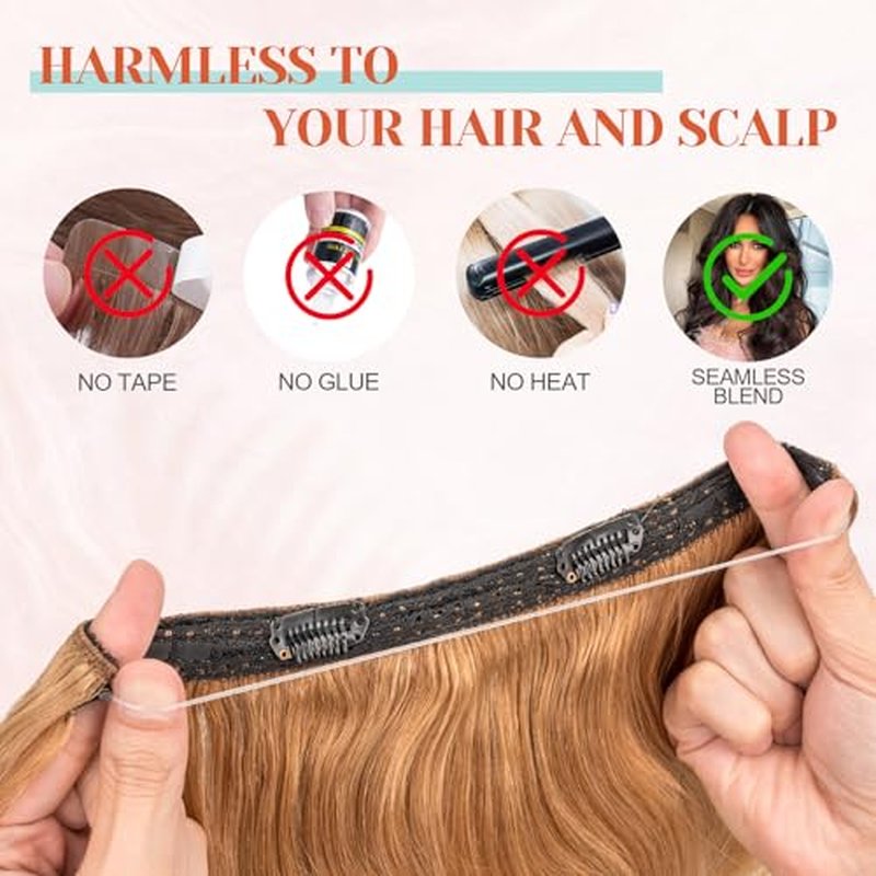 Benehair Halo Hair Extensions Real Human Hair, Blonde Wavy Halo Extensions, 18inch Dark Blonde 65g
