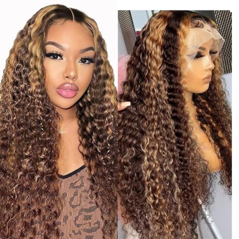 13x6 Highlight Lace Front Wig Human Hair 4/27 Ombre Deep Wave Lace Front Wig Human Hair Pre Plucked With Baby Hair 180% Density Honey Blonde Curly Human Hair Glueless Wigs for Women (22 inch)