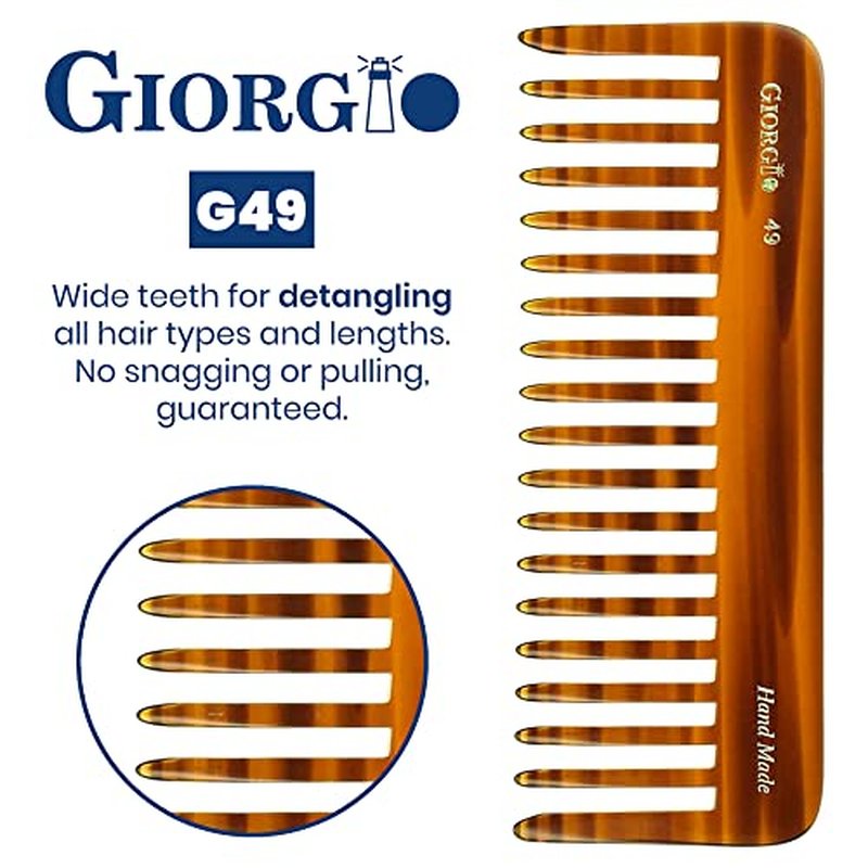 Giorgio G49 Large 5.75 Inch Detangling Comb, Wide Teeth for Thick Curly Wavy Hair. Long Hair Detangler Comb For Wet and Dry. Handmade of Quality Cellulose, Saw-Cut, Hand Polished, Tortoise Shell