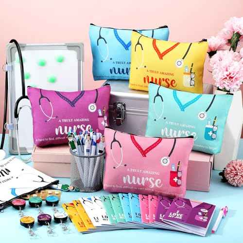 Yeaqee 48 Pcs Nurse Christmas Appreciation Gifts Set Bulk Include Makeup Cosmetic Bag Pocket Journal Notebooks Ballpoint Pen Badge Reel for Christmas Women Rn Assistant Student(Multicolor,Stethoscope)