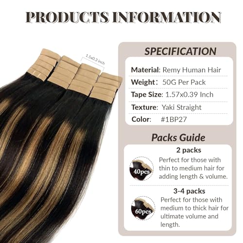 Tape in Hair Extensions Human Hair Yaki Straight Natural Black Hair Extensions Balayage Caramel Blonde Highlights Real Remyh Human Hair 22 Inch 50g/pack 20pcs Tape Hair Extensions for Black Women