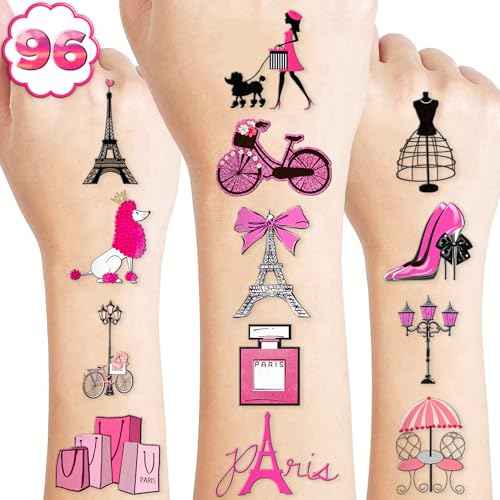 96PCS Paris Temporary Tattoos France Paris Party Decorations Favors Supplies French Theme Birthday Cute Eiffel Towers Tattoo Stickers Christmas Gifts for Boys Girls Kids Class School Prizes Carnival