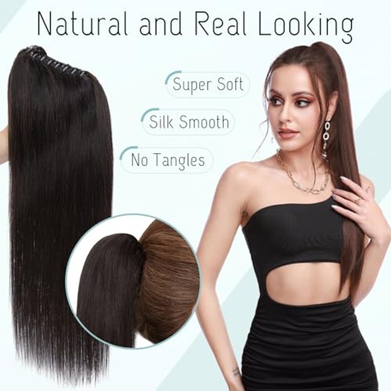 S-noilite Claw Clip Ponytail Extension Human Hair #1B Natural Black Real Remy Human Hair Ponytail Extension 18inch Long Straight Hair Pony Tails Hair Extensions For Women 115Grams