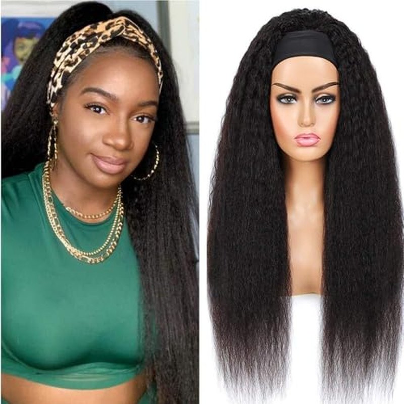 Zealady Human Hair Headband Wig For Black Women Kinky Straight Headband Wig 12A 180 Density Yaki Straight Human Hair Wigs With Headband Attached Half Wig 22 Inch