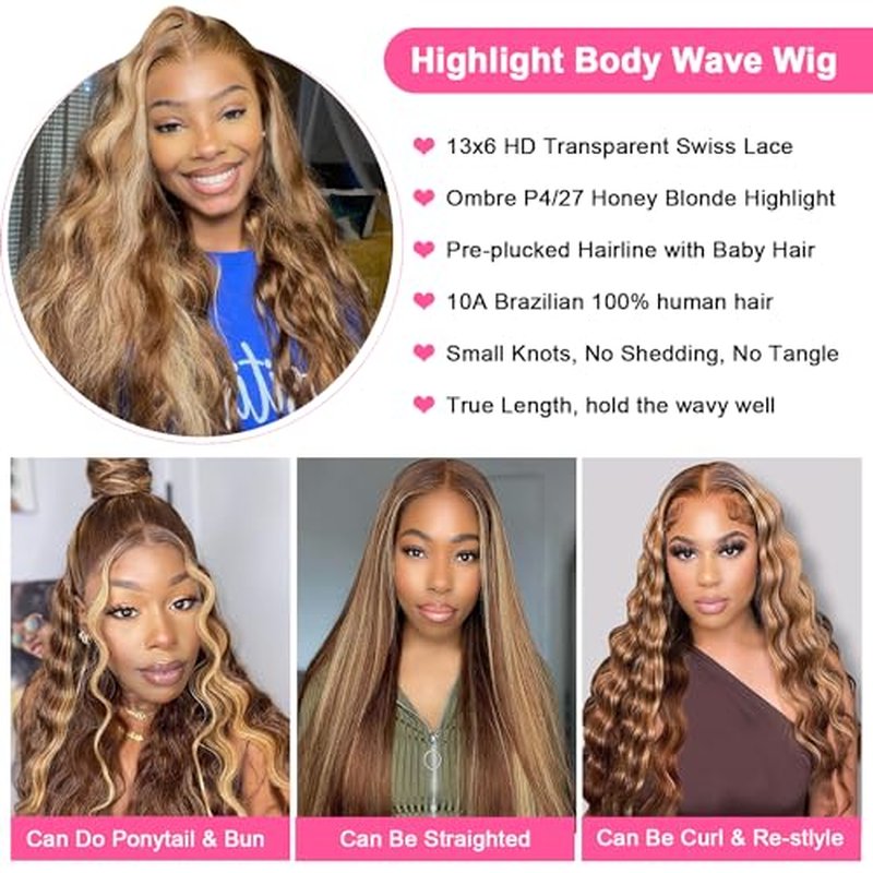 28 Inch Highlight Lace Front Wig Human Hair Ombre for Women 13x6 Body Wave Honey Blonde HD With Baby Hairline