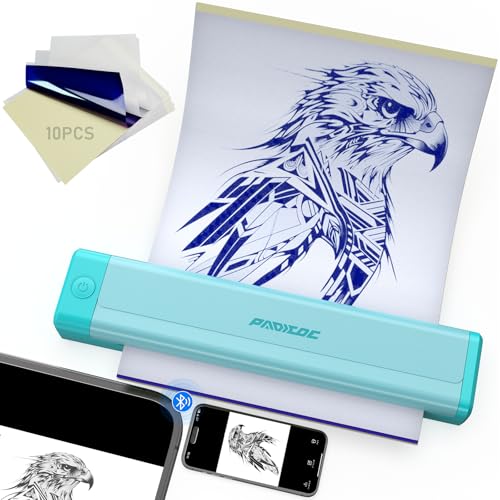 Padieoe Tattoo Stencil Printer, 2000mAh Wireless Thermal Tattoo Printer with 10PCS Transfer Paper, Compatible with Phone/Tablet/PC, Portable Thermal Transfer Machine for Tattooists & Beginners