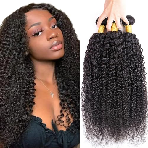 Kinky Curly Human Hair Bundles 16 18 20 Inch Natural Black Color Brazilian Mixed Length 3 Bundles Unprocessed Curly Bundle Soft And Shiny Hair Extensions 300g