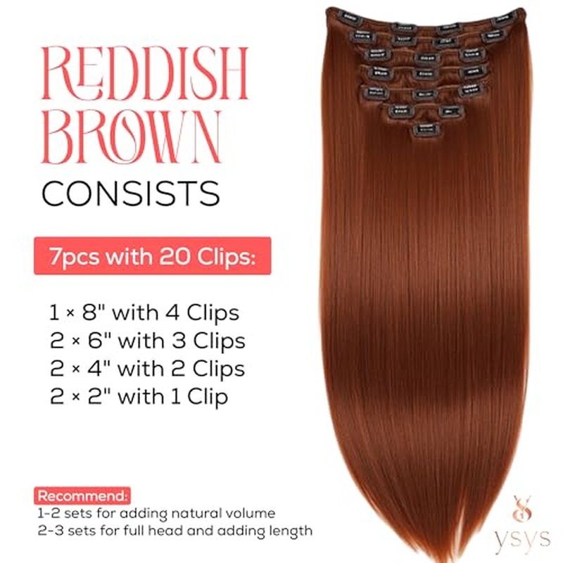 YSYS Clip in Hair Extensions - 100% Human Hair Remy Hair Extensions for Women - 7 Pieces, 120g Seamless Clip ins for Extra Volume/Style - Natural Straight (Reddish Brown #33, 18 inches)
