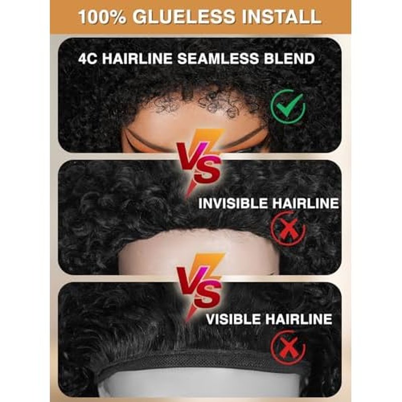 Kinky Curly Half Wig Human Hair Upgrade 4C Edge Hairline 200% Density Wear Go Glueless 3 In 1 Drawstring Seamless Flip Over Wig for Women Daily Wear Headband Wig Beginner Friendly (18 inch)