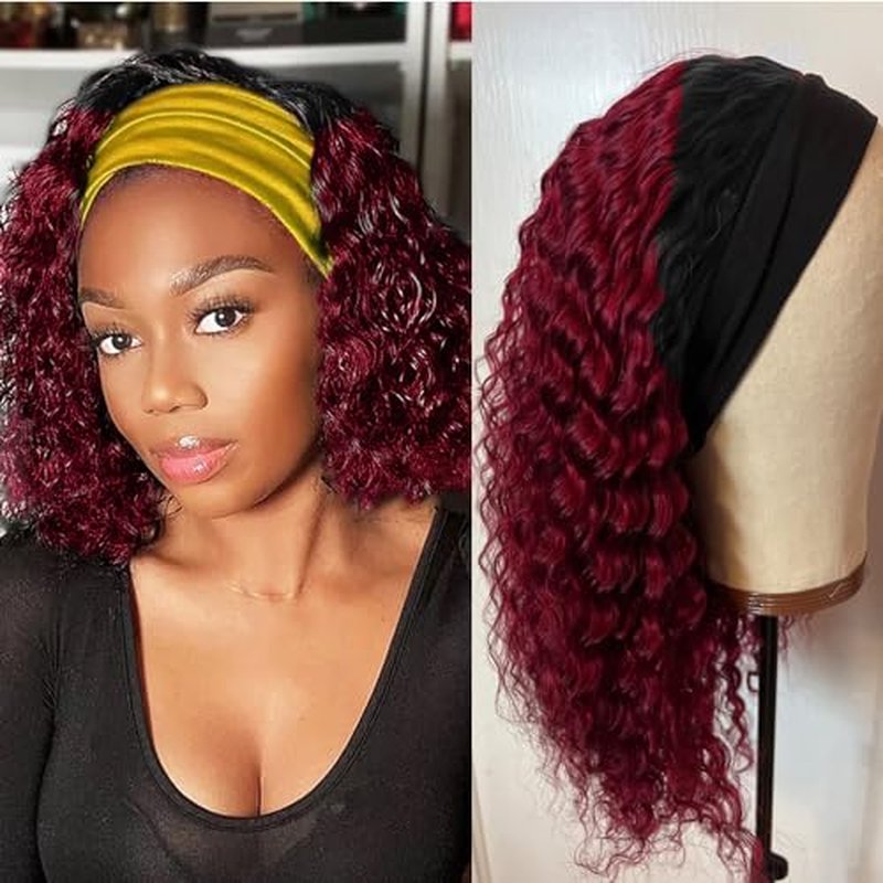 24inch 1B/99J Burgundy Ombre Headband Wig Deep Wave Human Hair Wigs Headband Wig 150% Density Half Glueless None Lace Front Wigs Brazilian Virgin Human Hair Headband Wigs for Black Women