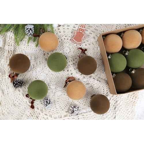 IPOPU 15PCS 3.15" Velvet Christmas Balls with 10PCS Velvet Bows Christmas Tree Ornaments Set Flocked Christmas Balls for Xmas Decorative Hanging Ornaments(Brown, Green, Khaki)