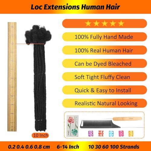Loc Extensions Human Hair 60 Strands 0.4 cm 10 Inch Dreadlock Extensions Human Hair Loc Extensions Dreads Extensions for Men Women Kids Real Human Hair Locs 1B Natural Black Handmade Permanent Locs