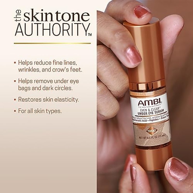 Ambi Even & Clear Under Eye Serum for All Skin Types; Anti Aging Formula features Peptides, Hyaluronic Acid, and Vitamin A to help Reduce Fine Lines, Wrinkles, and Dark Circles , 0.5 Ounce