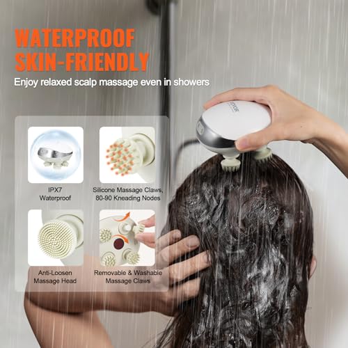 VEVOR Electric Scalp Massager with Heat, Rechargeable Heated Head Massager, IPX7 Waterproof | Portable Kneading Scalp Scratcher with 8 Removable Massage Head for Hair Growth, Deep Clean, Stress Relax