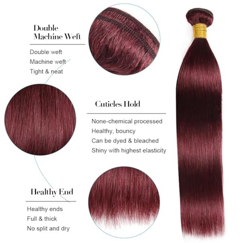 #99J Burgundy Human Hair Bundles Straight Bundles 18 20 22 Inch Wine Red Bundle Unprocessed Brazilian Virgin Hair 3 Bundle Deals Quick Weave Hair Extensions 50 Gram Per Bundle