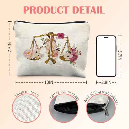 Lawyers Gift Makeup Bag for Women, Attorney Gifts for Women, Judge Gifts Cosmetic Bag for Purse, Pink Floral Balance Makeup Zipper Pouch