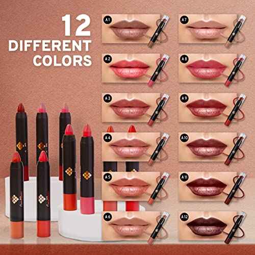 Matte Lipstick Set - 12-Piece Lip Crayon Set With Nude, Pink, Mauve & Red Shades - Waterproof, Long-Wearing Smudge Proof Lipstick Formula with Rich Colors & Pigments