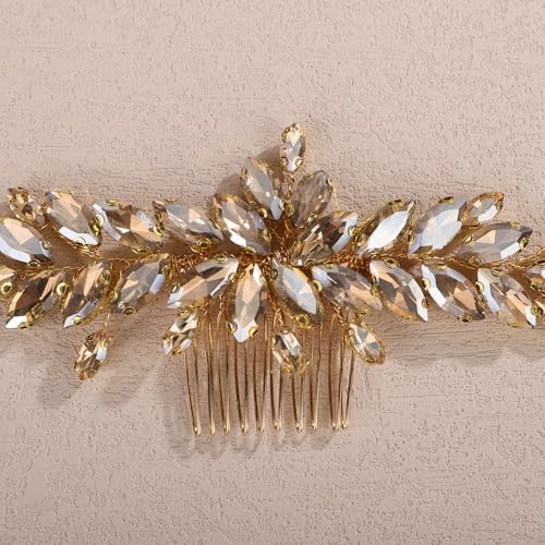 Teyglen Champagne Crystal Bridal Hair Comb Full Rhinestone Hair Piece Bride Wedding Hair Comb Sparkly Rhinestone Headpiece Party Prom Hair Accessories for Women (Champagne)