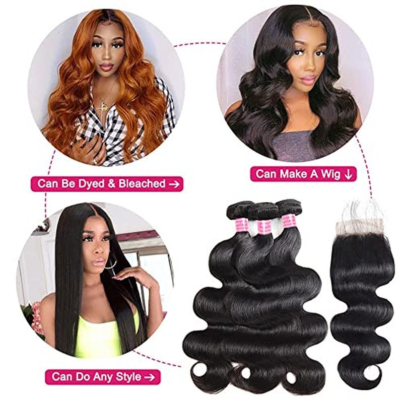 YISEA Brazilian Body Wave Bundles with Closure(16 18 20+14 Closure) Human Hair 3 Bundles with 4x4 Lace Closure Braziian Virgin Human Hair