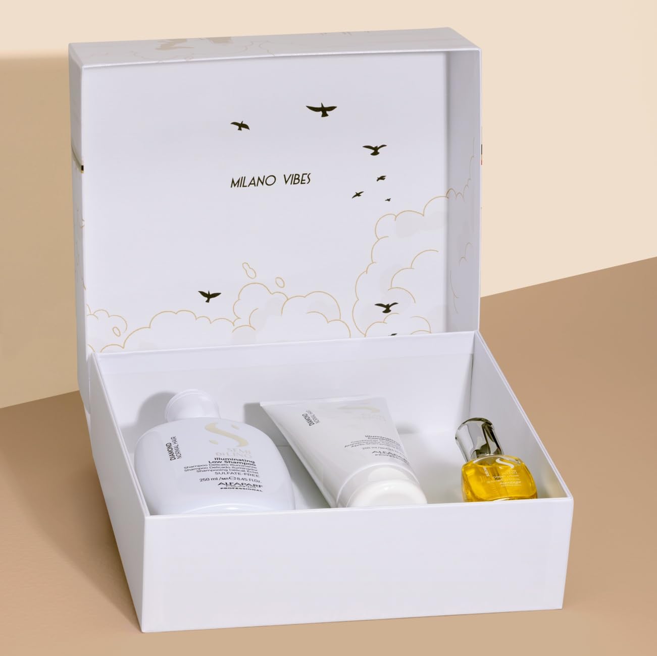 Alfaparf Milano Semi di Lino Diamond Gift Set for All Hair Types - Sulfate Free Illuminating Shampoo, Conditioner and Cristalli Liquidi Hair Oil Serum - Adds Shine and Softness